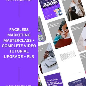 May include: A stack of books and guides with the title "FACELESS MARKETING MASTERCLASS" in purple and white. The image also includes the text "EASY LEADS 101" and chapter titles like "Content Creation Without Personal Exposure."