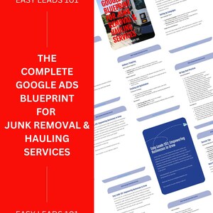 Puede incluir: Una guía azul y blanca titulada "The Complete Google Ads Blueprint for Junk Removal & Hauling Services" con el texto "Easy Leads 101" en la parte superior e inferior de la página.