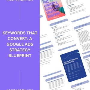 May include: A purple and white graphic with the text "Easy Leads 101" and "Keywords That Convert: A Google Ads Strategy Blueprint". The graphic is a collage of different pages from a guide on how to use Google Ads to generate leads.