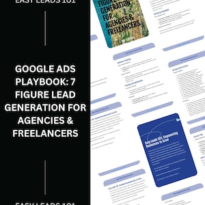 Puede incluir: Un libro electrónico de Google Ads Playbook: 7 Figure Lead Generation for Agencies & Freelancers. La portada es azul y blanca con el texto "Easy Leads 101" y un gráfico de una ciudad.