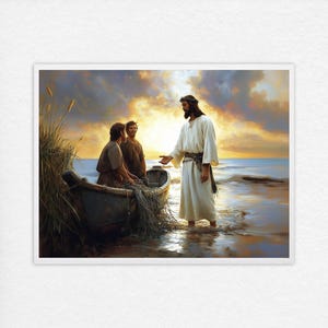 May include: A painting depicting a man in white robes standing on a beach, with two men in brown robes in a boat behind him. The man in white is reaching out his hand towards the men in the boat. The scene is set against a backdrop of a cloudy sky and a calm sea.