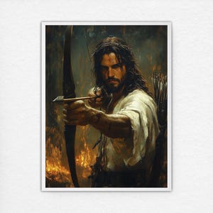 May include: A painting depicting a man with long brown hair and a beard, holding a bow and arrow. He is wearing a long, white robe and is standing in a woodland setting. The background is a dark green and brown, with some light filtering through the trees.