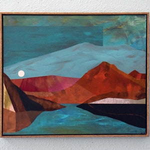 Abstract Mountain Moon Landscape Painting Red Mountains Turquoise River Sky with Moon Rising Original Framed Painting by Darby Rose Art