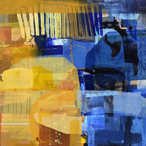 Blue and Yellow Abstract Painting Square Original Geometric Modern Layered Yellow and Blue Art Darbyroseart - Framed painting