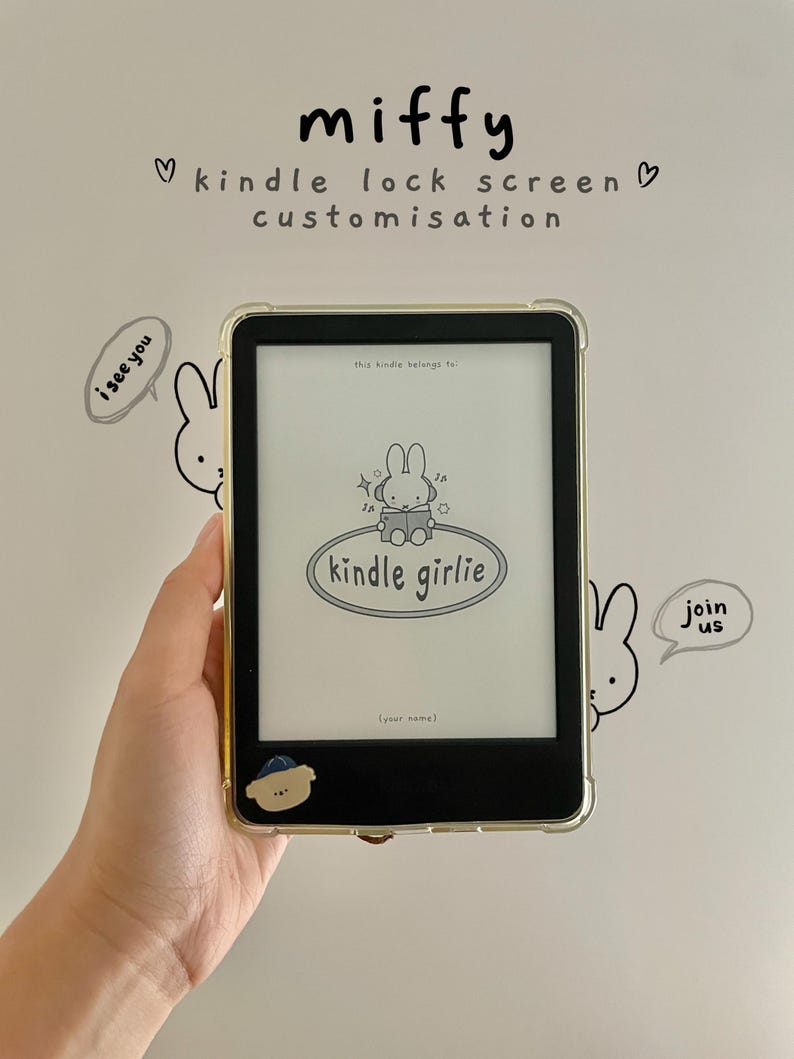 May include: A black and white illustration of a bunny rabbit reading a book on a white background. The text "kindle girlie" is displayed in a black oval. The text "this kindle belongs to" is displayed above the illustration. The text "(your name)" is displayed below the illustration.