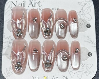 Mermaid Shell Press On Nails: Beach Design, French Tip - Size S
