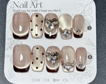 Elegant Coffin/Square French Nails Small/Large Rhinestones Nude/Brown Dots Heart Handmade Press On Nails SIZE M