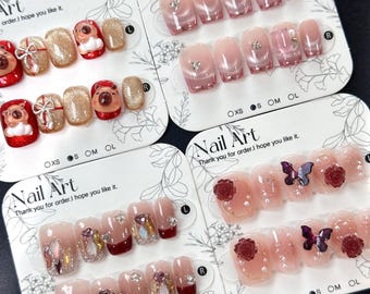3D Red Design Press On Nails: Capybara, Butterfly, French Nails, Short Square - SIZE S