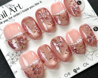 Hand Painted Flower Press On Nails: Pink Pearl Detail - SIZE S/M