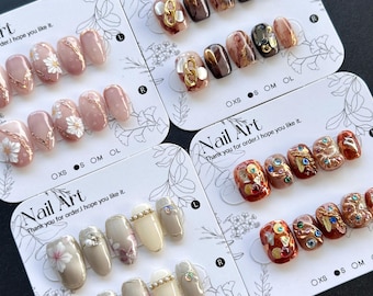 Multicolor Hand-Painted Press On Nails: Flower, Brown Short Fake Nails - Size S