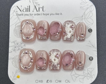 Handmade Nude Pink Press On Nails: Metallic, Stone, Flower - Size S