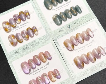 Summer Hand-Painted Press On Nails: Purple Short Oval Fake Nails - Size S/M