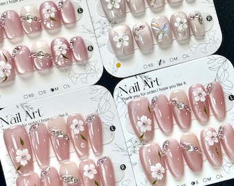 Pink Flower Press On Nails: 3D Hand-Painted, Short/Long, Cat Eye - SIZE S/M