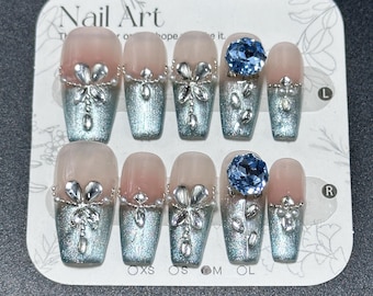 Blue Rhinestone Press On Nails: French Tip, Flower, Handmade - Size M