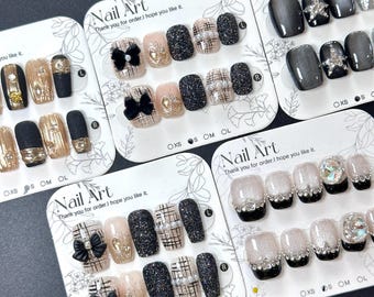 Black & Gold Bow Press On Nails: Hand Painted Short Square Nails - Size S