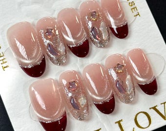 Holiday Red French Tip Press On Nails: Firework, Pearl, Star Design - Size S