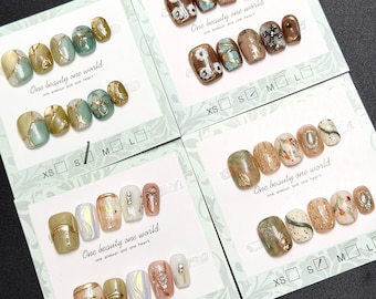 Fun Colorful Press On Nails: Hand Painted, Short, Square/Round Nails - Size S/M