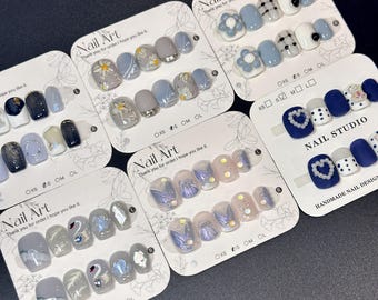 Blue Press On Nails: Swan, Shell, Mermaid, Flower Design, Short Square - Size S