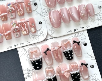 Pink Bow Press On Nails: French Tip, Polka Dot, Handmade - Size S/M