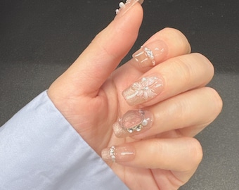 Valentine 3D Butterfly Press On Nails: French Tip, Pink Crystal, Pearl - SIZE S/M