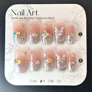 3D Butterfly Coffin/Oval/Square French Nails Pink/Silver Short/Long Rhinestones/Butterfly/Pearl Cat Eye Handmade Press On Nails SIZE XS/S/M
