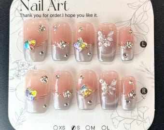 Pearl Butterfly Press On Nails: Handmade French Tip, Long/Short - SIZE XS/S/M