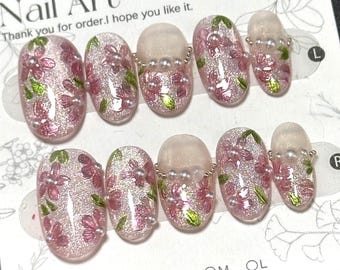 Pink Flower Short Press On Nails: Hand Painted, Cat Eye, Oval - Size S