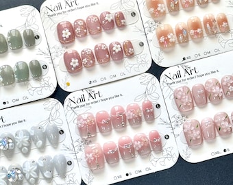 3D Flower Press On Nails: Short Coffin, Square, Pearl Detail - Size XS/S