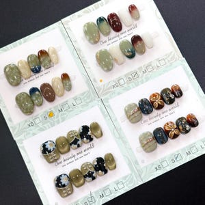 Hand Painted Jade Press On Nails: Autumn Nails, 3D Flower, Green, Gold - Size S