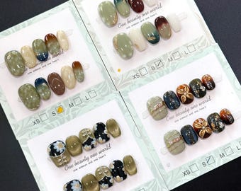 Hand Painted Jade Press On Nails: Spring Nails, 3D Flower, Green, Gold - Size S