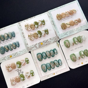 Green 3D Flower Press On Nails: Hand-Painted, Summer,  Coffin/Square/Oval Nails - Size S