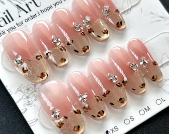 Leopard Pattern Press On Nails: French Tips, Square/Oval, Gold - SIZE XS/S/M