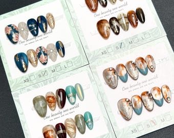 Colorful Short Almond Press On Nails: Hand Painted Flower, Daily Design - SIZE S/M