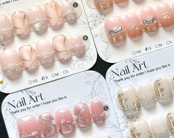 Summer Flower Press On Nails: Hand Painted, Short, Pearl & Bow, Square/Oval - SIZE S