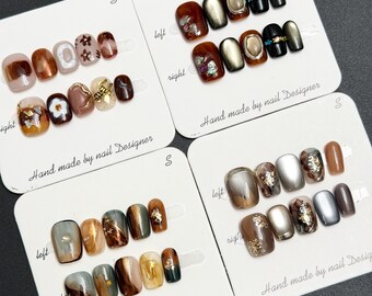 Fun Colorful Short Press On Nails: Hand Painted, A/B Design, Brown - Size S/M