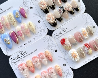 3D Flower Almond Press On Nails: Hand-Painted, A/B Style Design - Size S