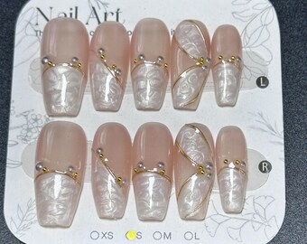 White French Press On Nails: Handmade Simple Pearl Ribbon Design - Size S