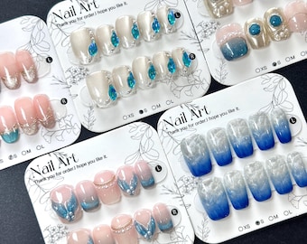 Blue Cat Eye Short Press On Nails: French Tips, Simple Design - Size S