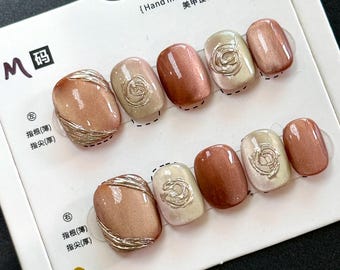 Fall Press On Nails Short: French Nails, Hand Painting, Simple Design, Square - SIZE M