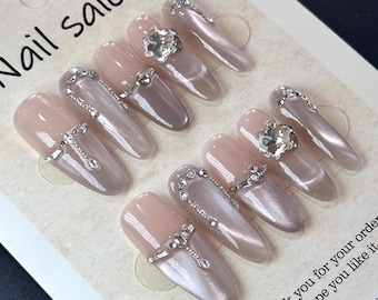 Snowflake Winter Press On Nails: French Tip, Cat Eye, Nude, Handmade - Size S/M