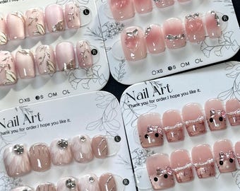 Short Pink Hand Painted Press On Nails: Flower, Peach, Leaves - Size S