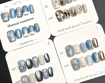 Blue Flower Press On Nails: Hand-painted, Short nails, Daily Design - Size S/M