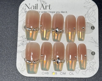 Coffin/Oval/Square Aurora French Nails Rhinestone/Pearl Handmade Press On Nails SIZE Small