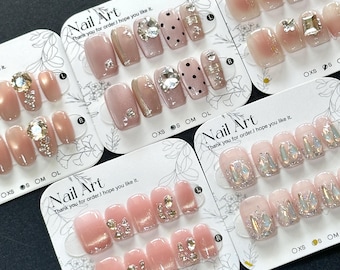 Pink Short Press On Nails: Rose, French Tips, Cat Eye, Rhinestones - SIZE S