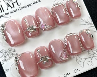 Pink Cat Eye Press On Nails: Short Rhinestone Design - SIZE S