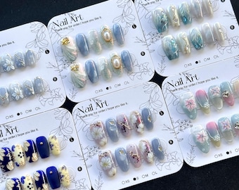 Blue Flower Press On Nails: Hand-painted, 3D Shell, summer Design - Size S
