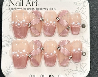 Valentine Pink Ribbon Press On Nails: Ballet Pearl French Nails - SIZE S/M