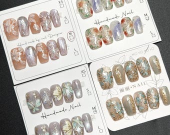 Hand Painted Flower Press On Nails: Spring Floral Design, Square - Size S/M