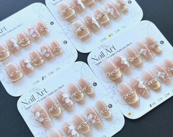 Spring Flower Press On Nails: Hand Painted, French Tip, Gold - Size XS/S/M