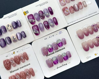 Hand-Painted Purple Flower Press On Nails: Short, Ribbon - Size S